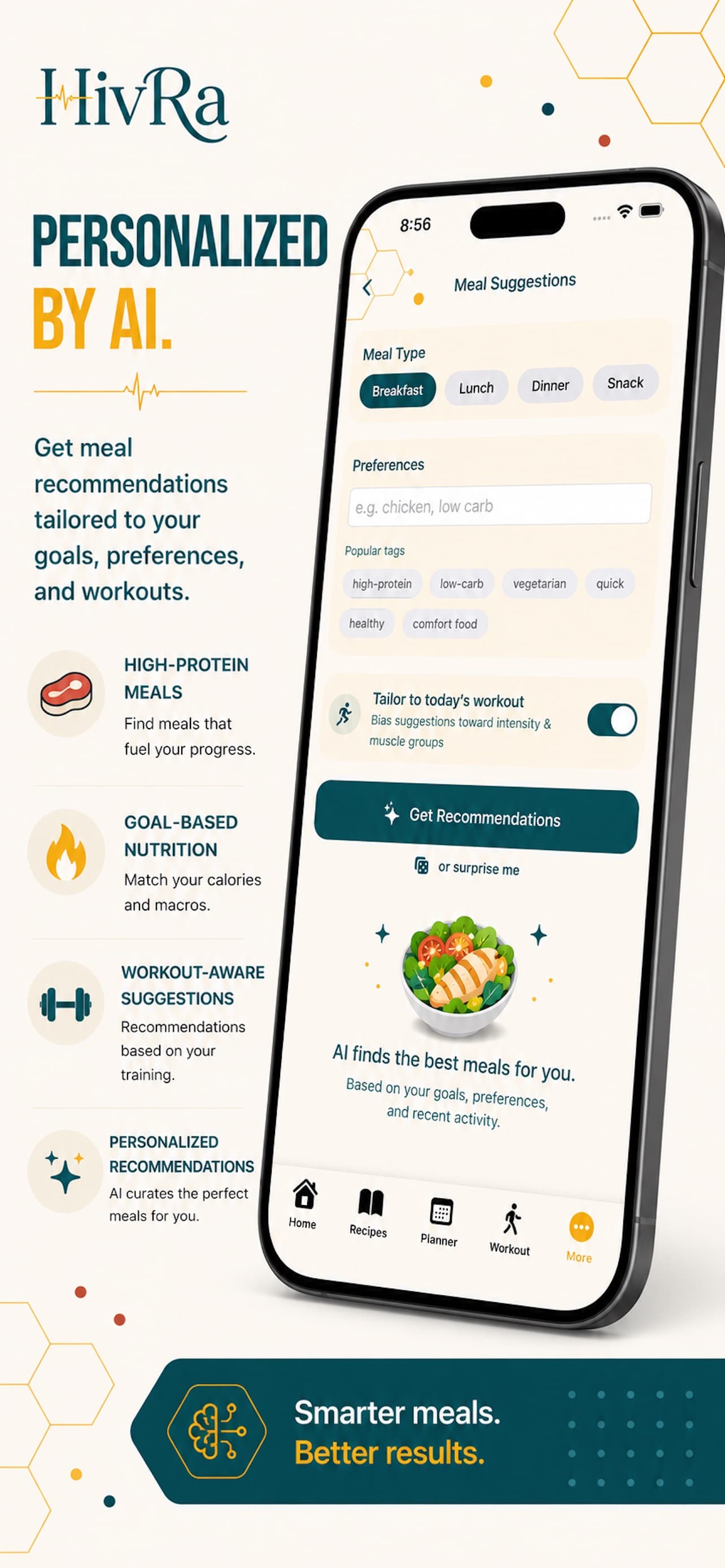 HivRa AI meal suggestions personalized to goals, preferences, and workouts