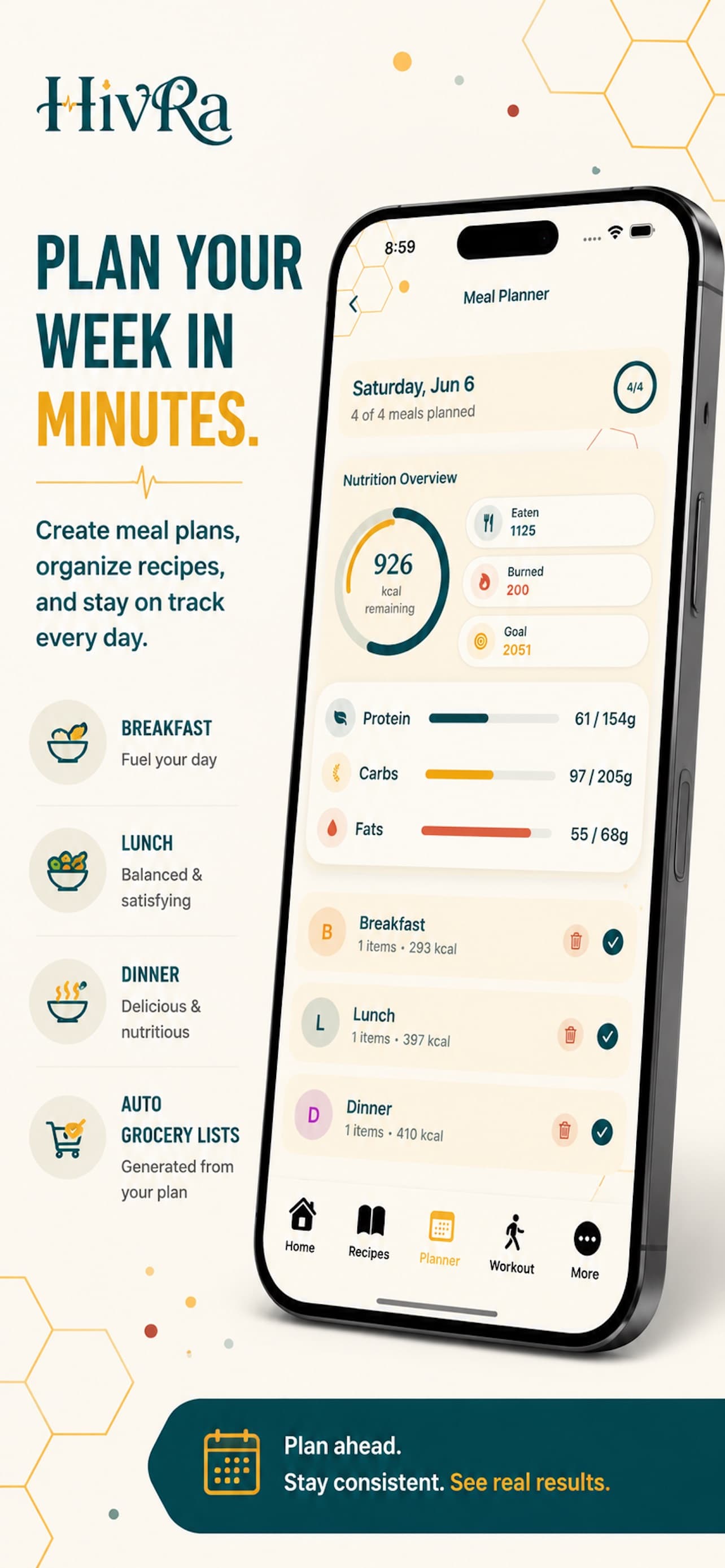 HivRa weekly meal planner with nutrition and macro overview