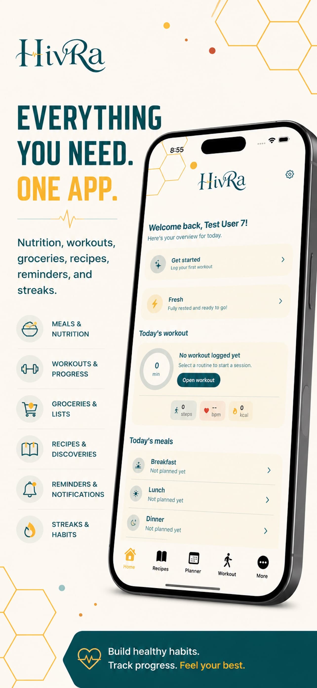 HivRa home dashboard showing nutrition, workouts, groceries, recipes, reminders, and streaks